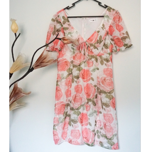 Rose Pink Floral Bustier Tie Mini Dress 